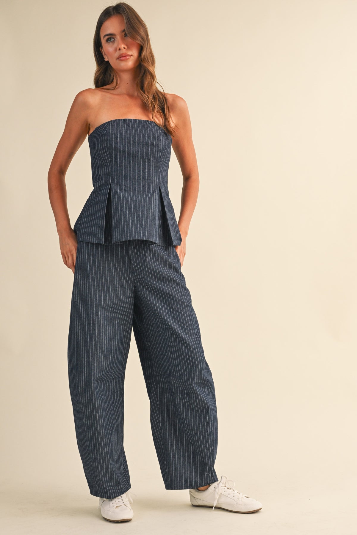 Pinstripe Denim Pleated Peplum Top & Barrel Pants Set