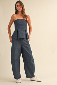 Pinstripe Denim Pleated Peplum Top & Barrel Pants Set