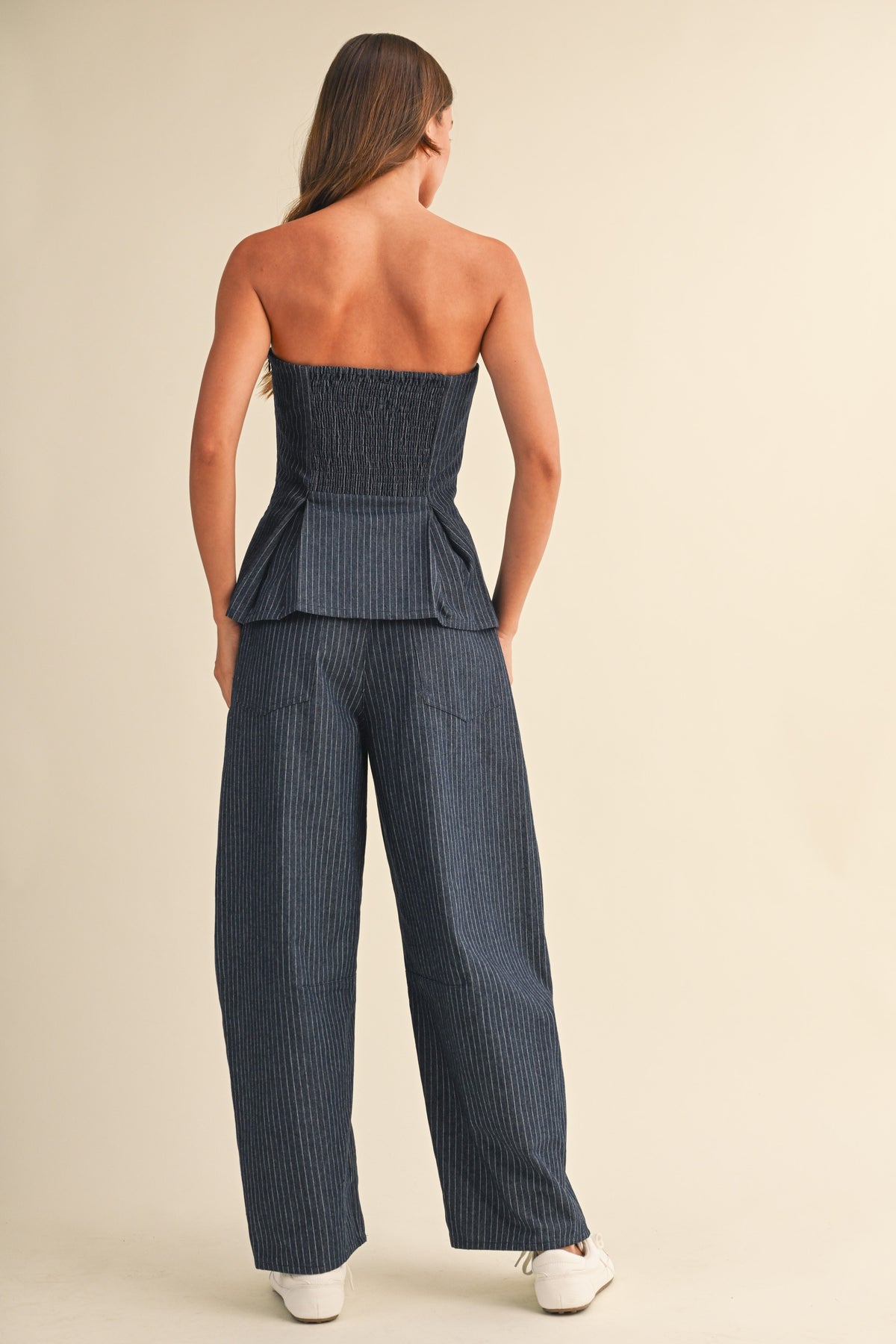 Pinstripe Denim Pleated Peplum Top & Barrel Pants Set