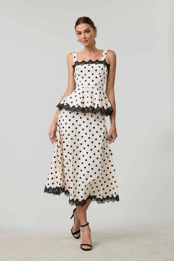 POLKA DOT PEPLUM TOP AND MAXI SKIRT SET