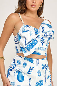 Blue Palm Tree Linen Short Set