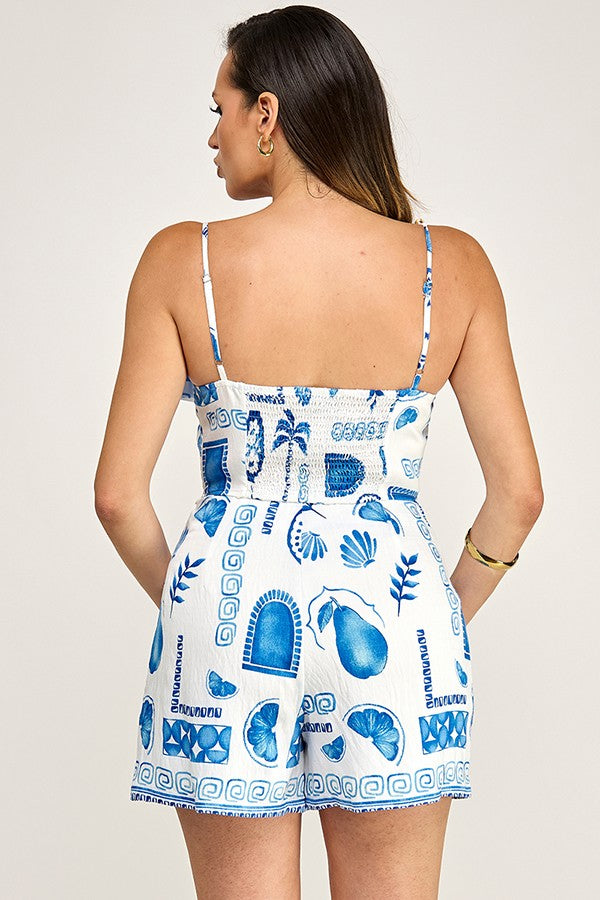 Blue Palm Tree Linen Short Set