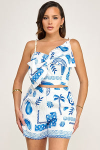 Blue Palm Tree Linen Short Set