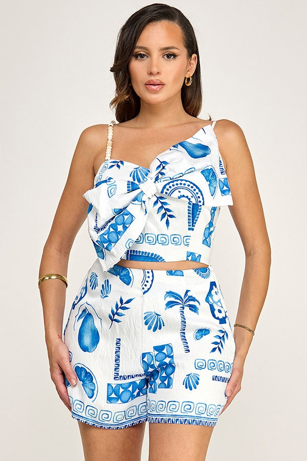 Blue Palm Tree Linen Short Set