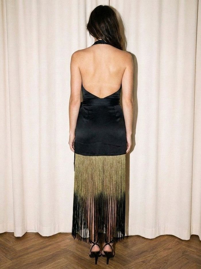 Black Satin Halter Open Back Fringe Midi Dress
