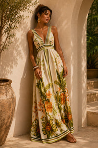 Villa Botanica Deep V Tropical Maxi Dress