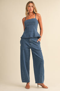 Denim Peplum Top & Barrel Pants Set