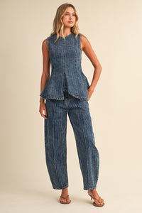 Striped Denim Sleeveless Peplum Top & Barrel Pants Set