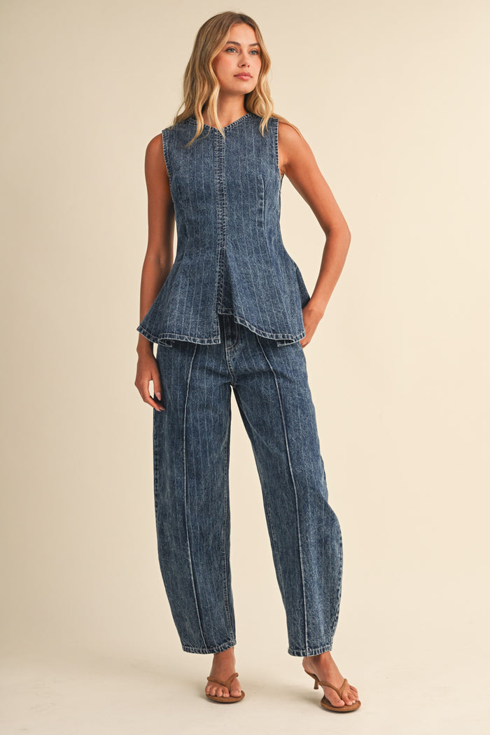 Striped Denim Sleeveless Peplum Top & Barrel Pants Set