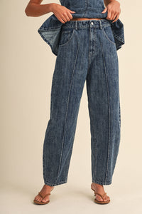 Striped Denim Sleeveless Peplum Top & Barrel Pants Set