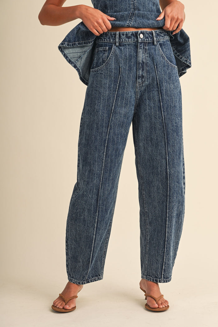 Striped Denim Sleeveless Peplum Top & Barrel Pants Set