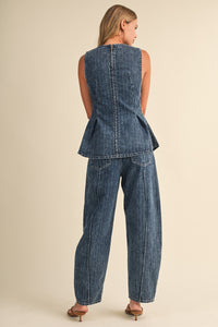 Striped Denim Sleeveless Peplum Top & Barrel Pants Set