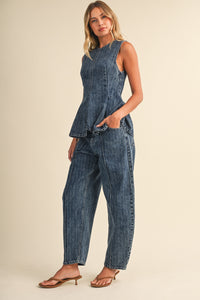 Striped Denim Sleeveless Peplum Top & Barrel Pants Set