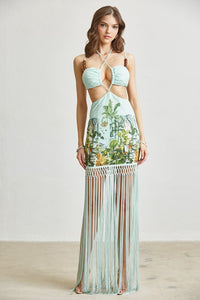Tropical Fringe Halter Maxi Dress