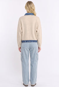 Two-Tone Denim Contrast Zip-Up Sweater Jacket