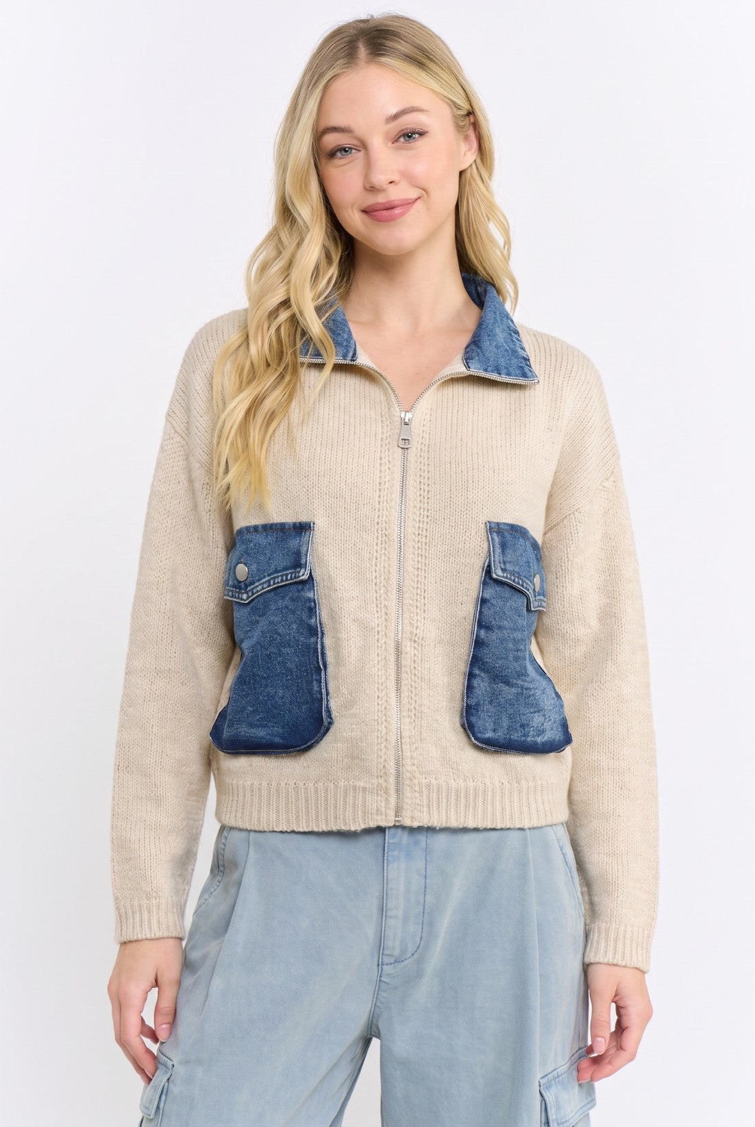 Two-Tone Denim Contrast Zip-Up Sweater Jacket