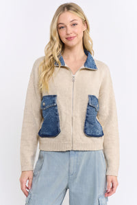 Two-Tone Denim Contrast Zip-Up Sweater Jacket