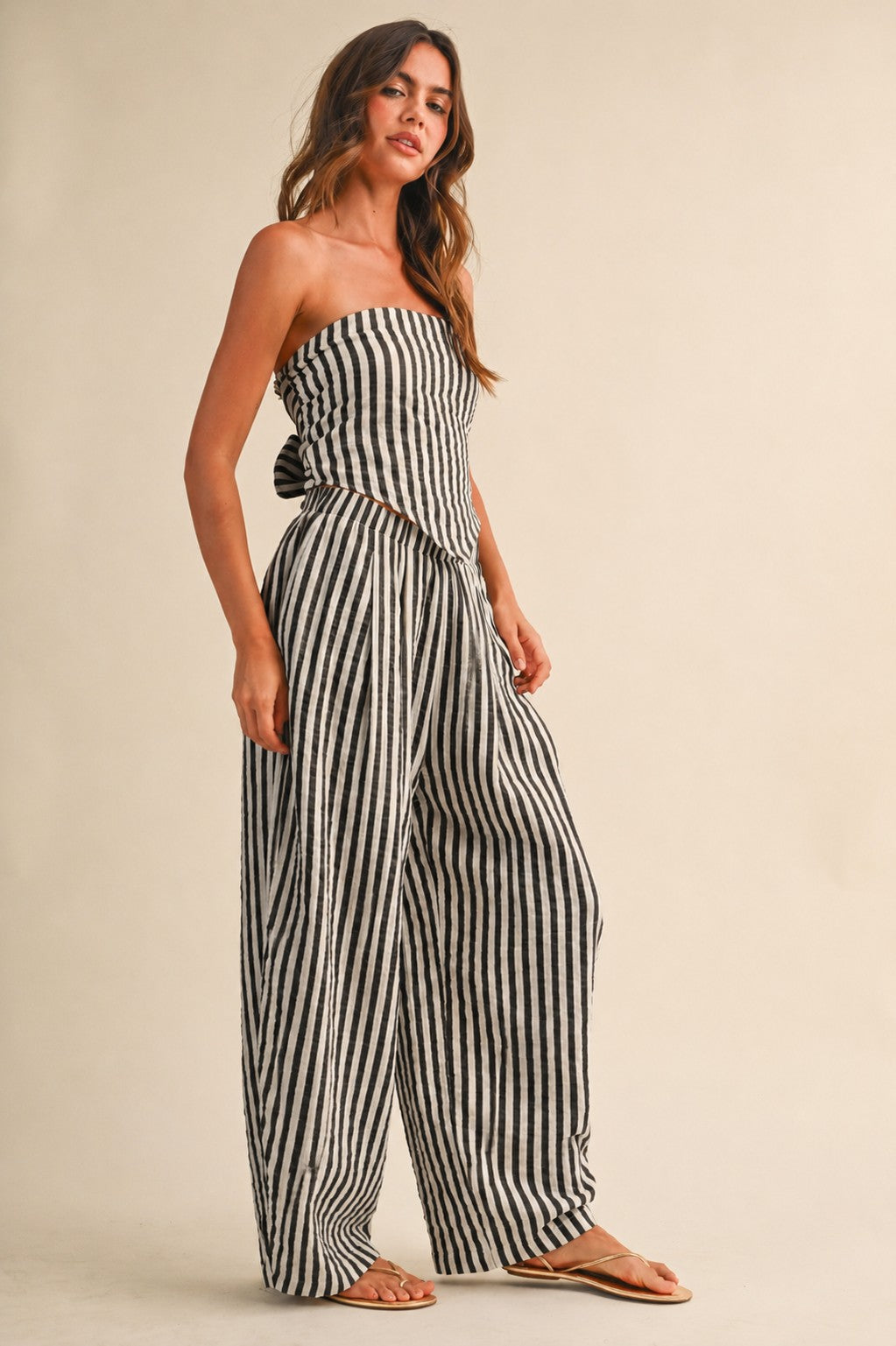 Striped Smocked Back Tie Handkercheif Top And Barrel Pants