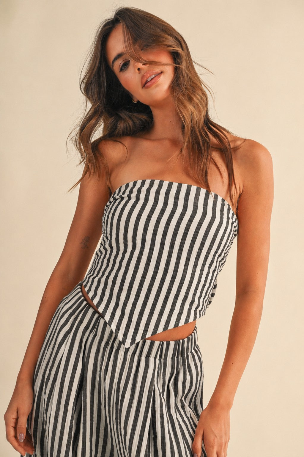 Striped Smocked Back Tie Handkercheif Top And Barrel Pants