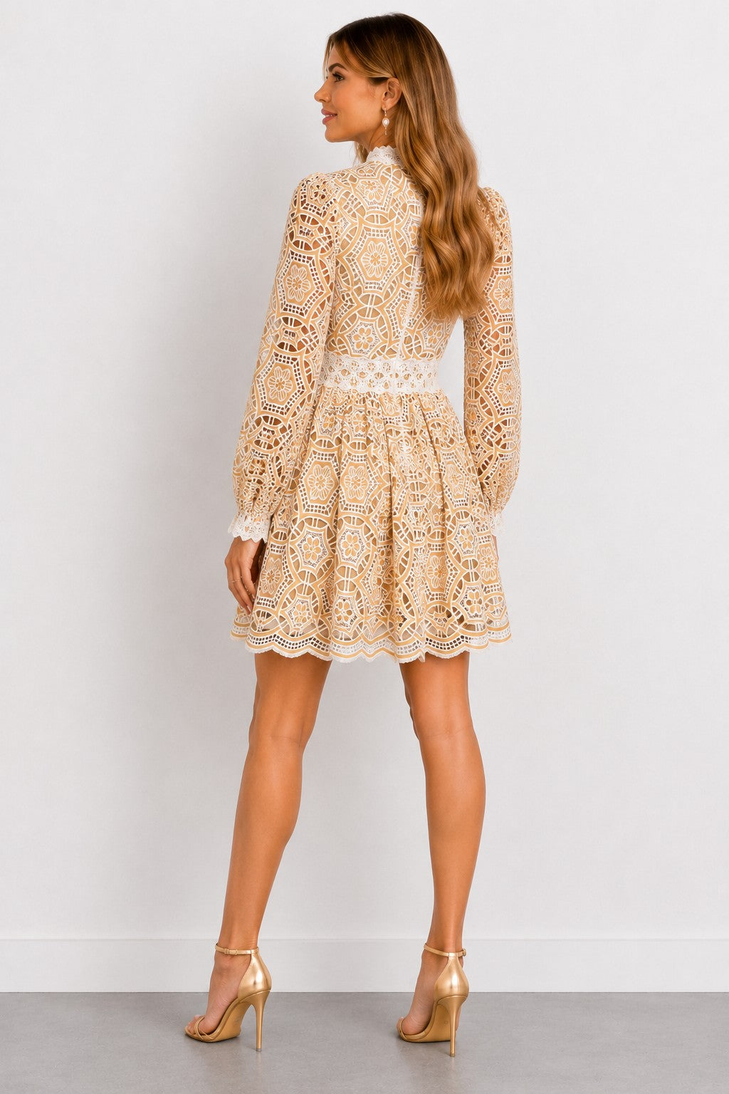 Lace Detail Long Sleeve Mini Dress — Nude & Cream