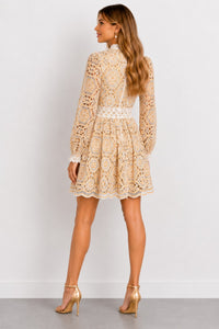 Lace Detail Long Sleeve Mini Dress — Nude & Cream