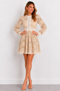 Lace Detail Long Sleeve Mini Dress — Nude & Cream