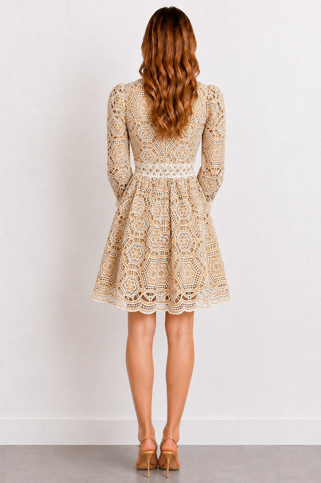 Lace Detail Long Sleeve Mini Dress — Nude & Cream