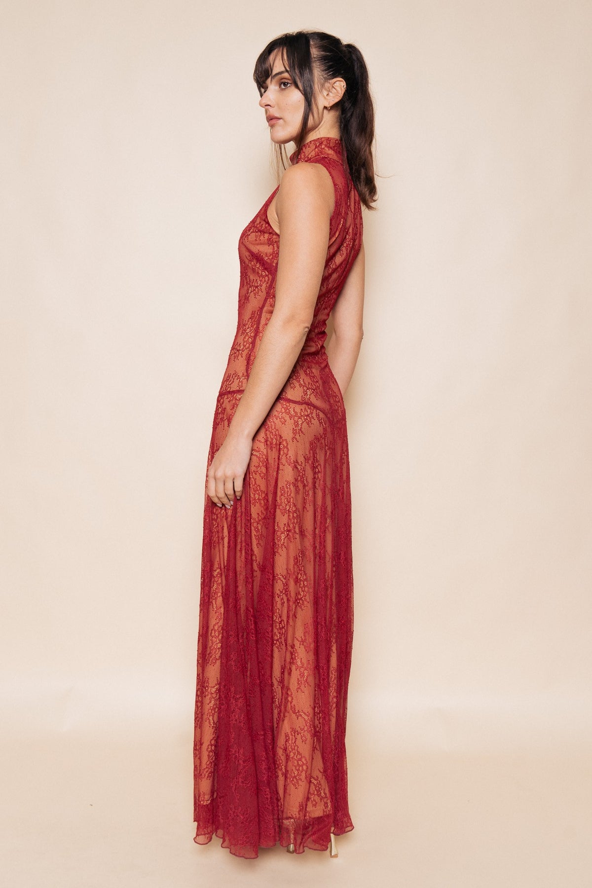Wine Mock Neck Sleeveless Lace Maxi Dress