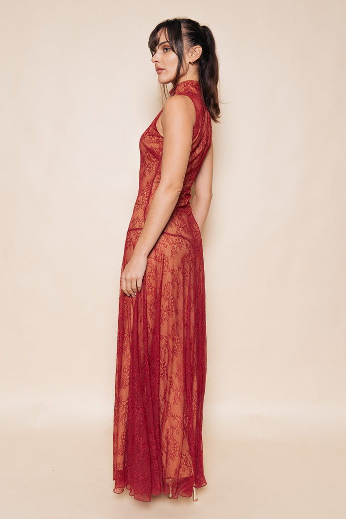 Wine Mock Neck Sleeveless Lace Maxi Dress