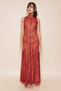 Wine Mock Neck Sleeveless Lace Maxi Dress