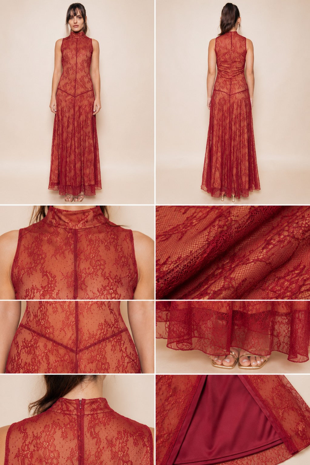 Wine Mock Neck Sleeveless Lace Maxi Dress