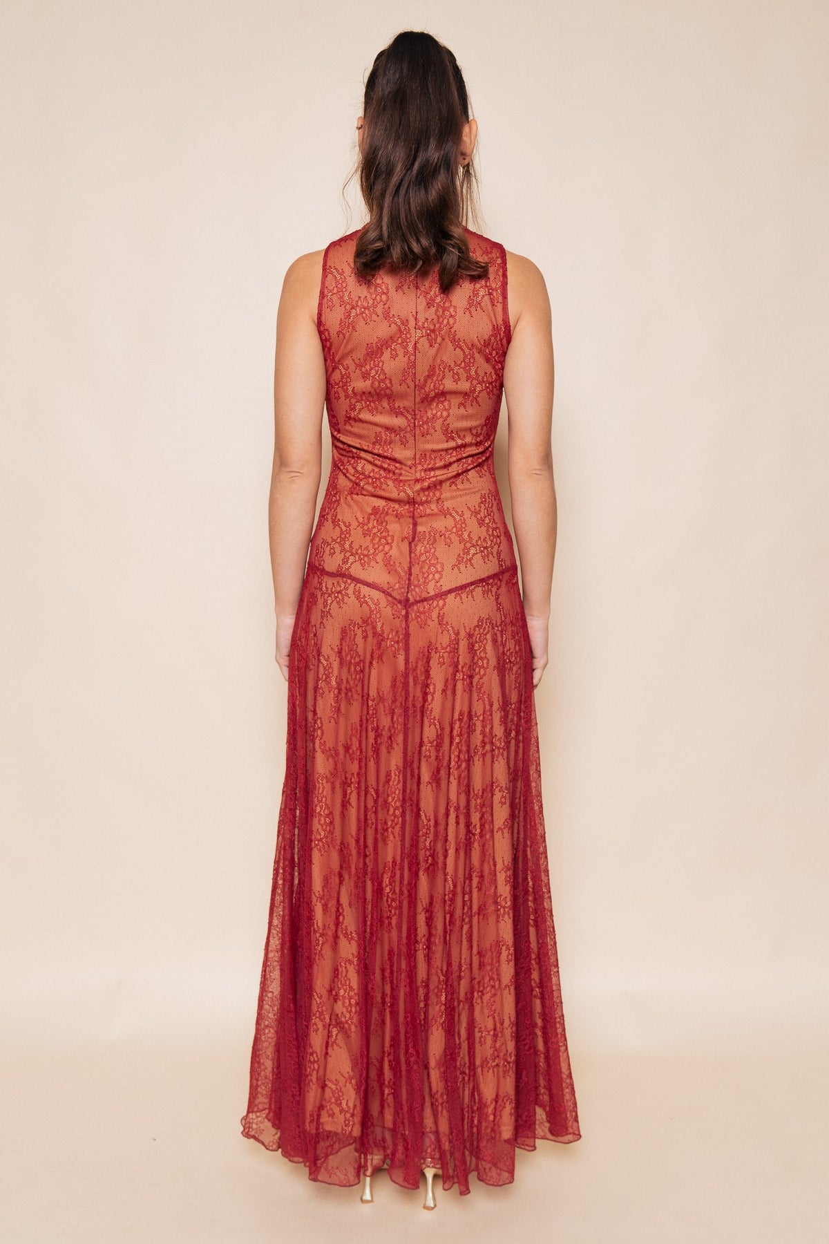 Wine Mock Neck Sleeveless Lace Maxi Dress