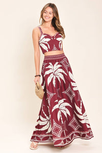 Palm Wine Maxi Julie Skirt Set — Burgundy Tropical Print