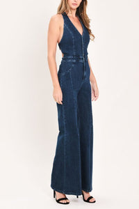 HALTER DENIM AMELIA FLARE JUMPSUIT