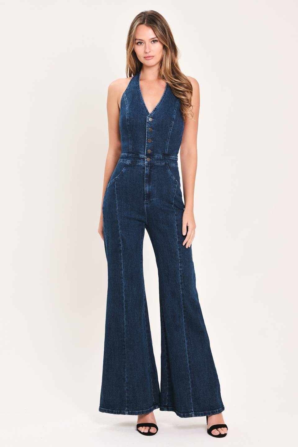HALTER DENIM AMELIA FLARE JUMPSUIT