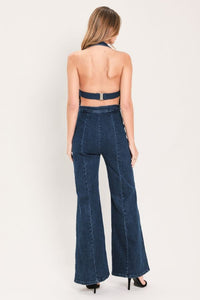 HALTER DENIM AMELIA FLARE JUMPSUIT