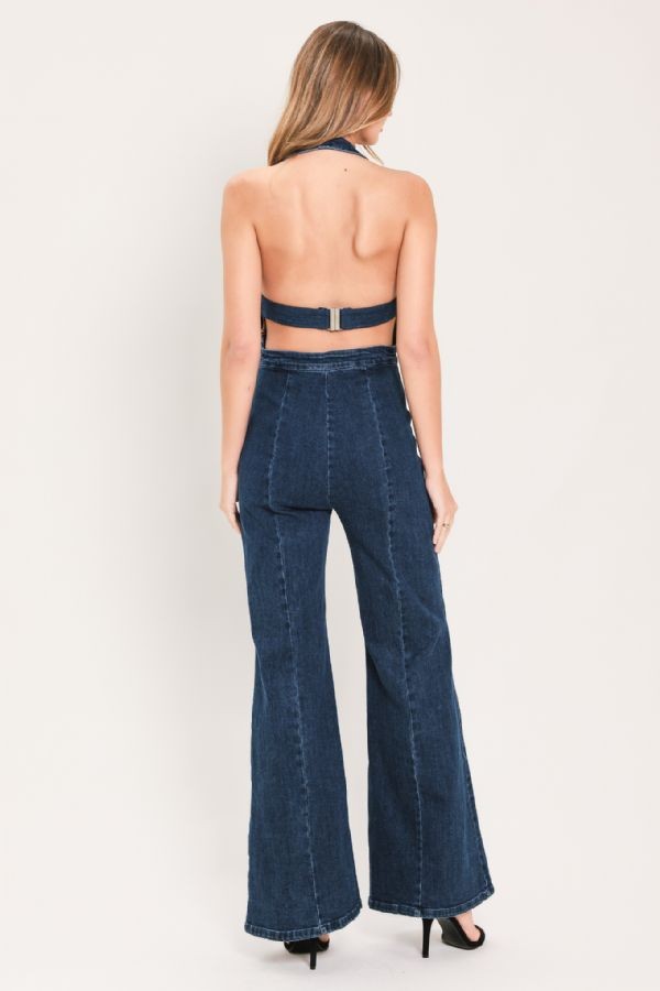 HALTER DENIM AMELIA FLARE JUMPSUIT