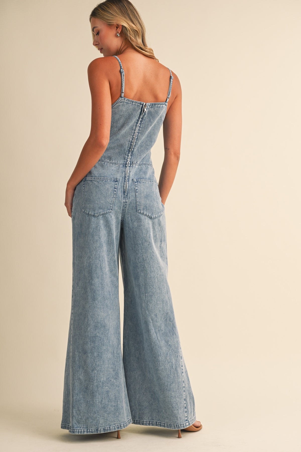 Light Wash Grommet Flare-Leg Denim Jumpsuit