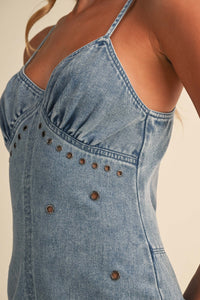 Light Wash Grommet Flare-Leg Denim Jumpsuit