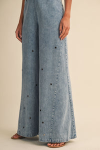 Light Wash Grommet Flare-Leg Denim Jumpsuit