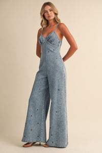 Light Wash Grommet Flare-Leg Denim Jumpsuit