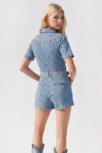 Rhinestone Star Denim Romper with Belt