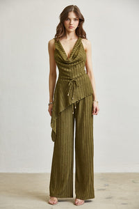 Cowl Neck Asymmetric Hem Pant Set — Olive Green