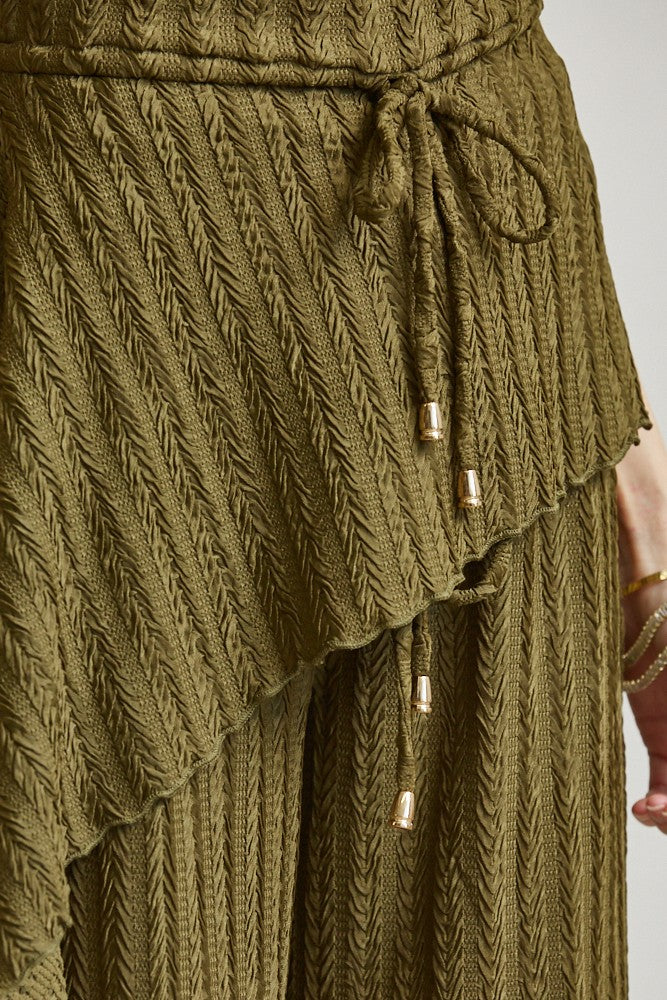 Cowl Neck Asymmetric Hem Pant Set — Olive Green