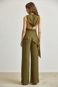 Cowl Neck Asymmetric Hem Pant Set — Olive Green