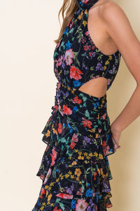 High Neck Halter Waist Cut Out Ruffle Maxi Dress
