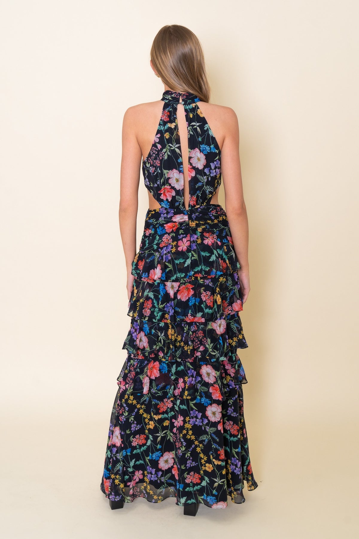 High Neck Halter Waist Cut Out Ruffle Maxi Dress