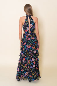 High Neck Halter Waist Cut Out Ruffle Maxi Dress