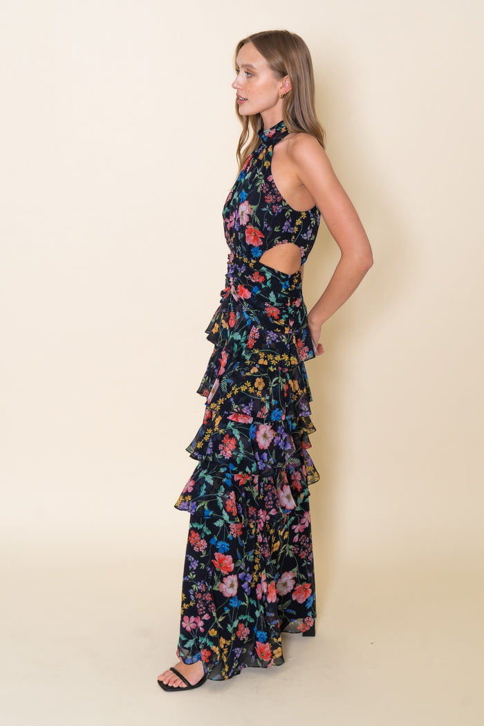 High Neck Halter Waist Cut Out Ruffle Maxi Dress