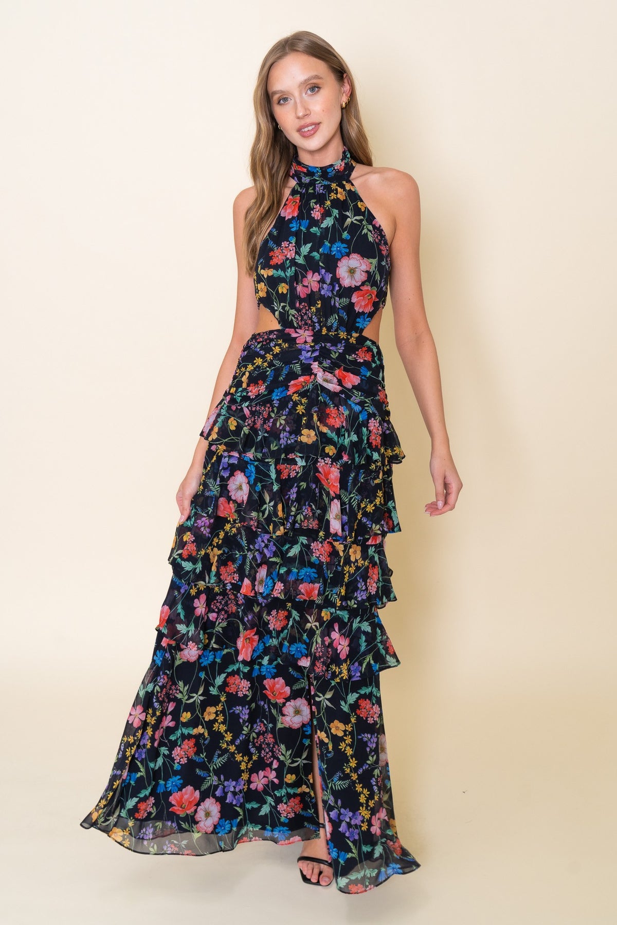High Neck Halter Waist Cut Out Ruffle Maxi Dress